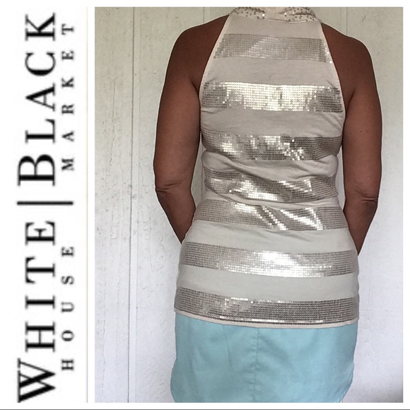 WHITE HOUSE BLACK MARKET GOLD SEQUIN COWL NECK SLEEVELESS TOP SMALL - Picture 3 of 10